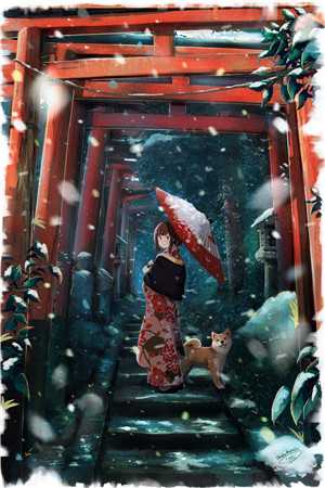 红伞下的少女